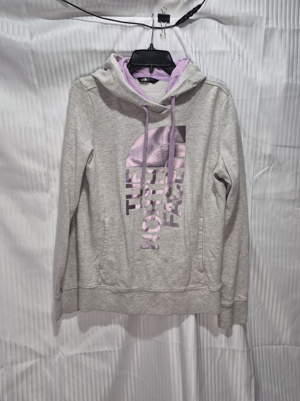The North Face Women's Light Gray Pullover Hoodie with Purple Accent Size Medium